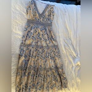 INTERMIX Blue and Cream Maxi Sundress with V-Neck